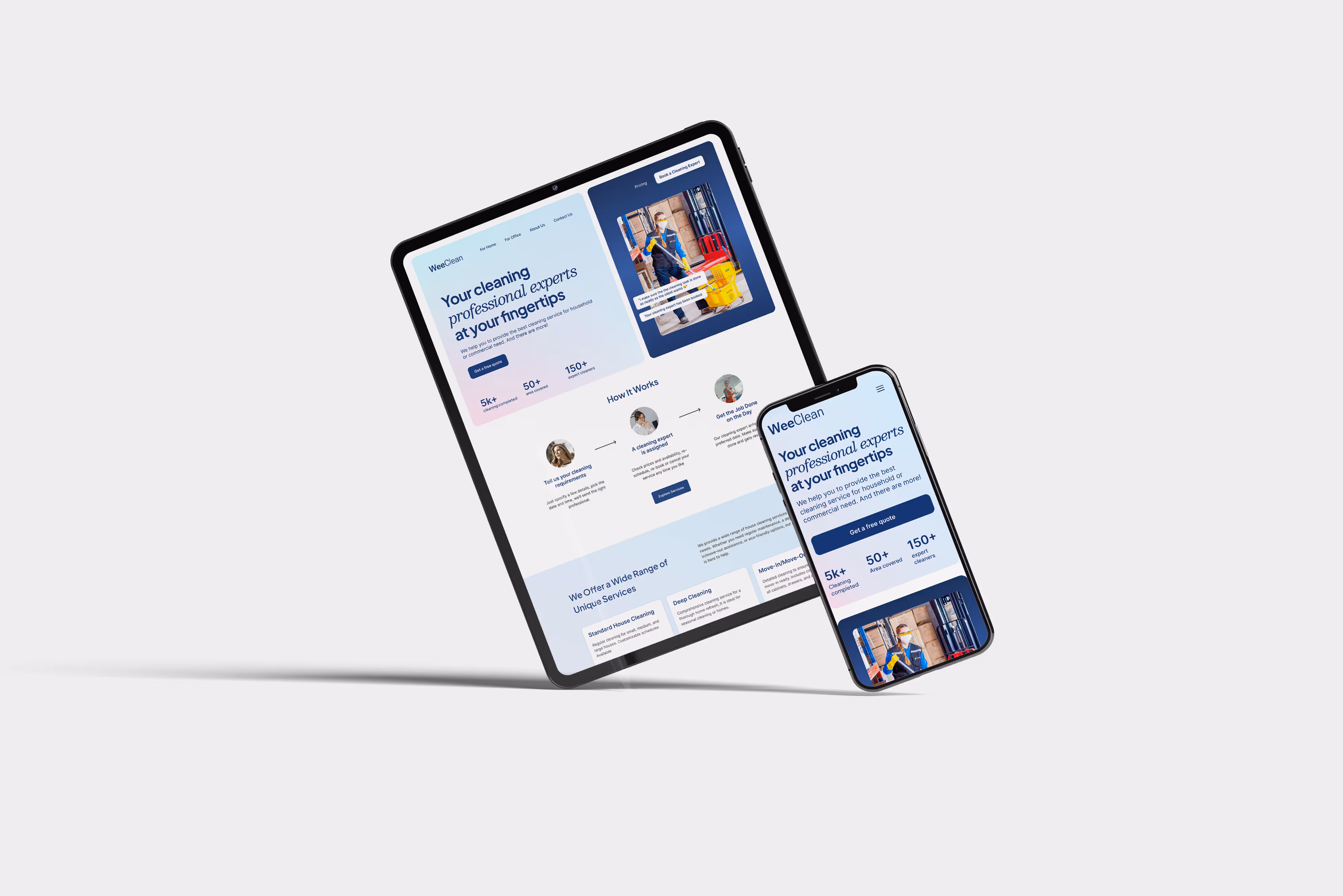 Responsive cleaning service website shown on tablet and smartphone mockups, highlighting a modern interface and mobile-first design.