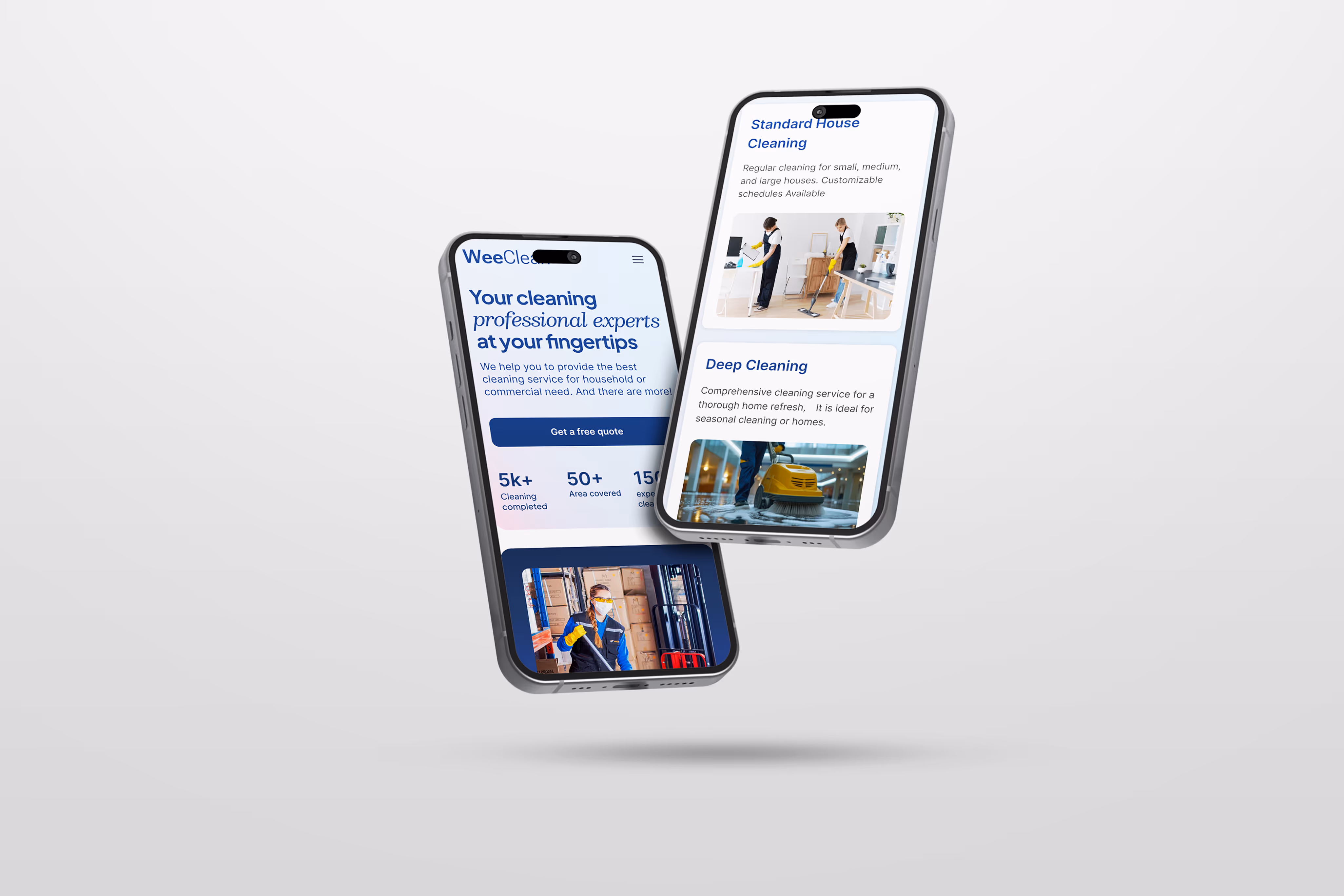Dual smartphone mockup showcasing mobile views of a cleaning service website, including features for house and deep cleaning packages.