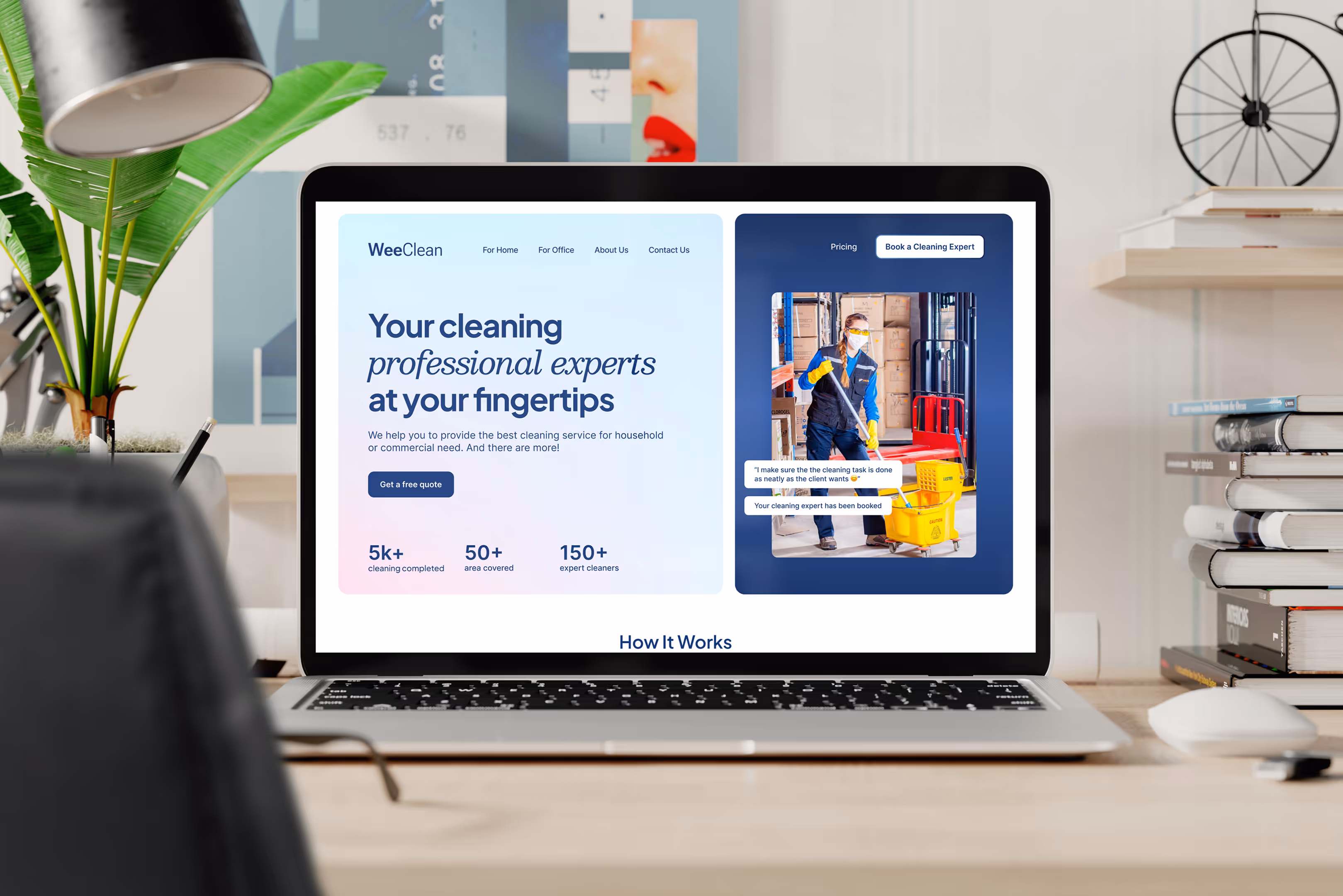 Laptop displaying a cleaning company homepage with call-to-action and service stats, set in a stylish workspace with books, plants, and modern decor.