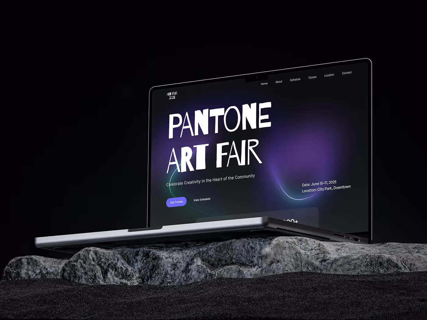 Laptop displaying Pantone Art Fair website with glowing purple gradient background, placed dramatically on a textured rock against a black backdrop.