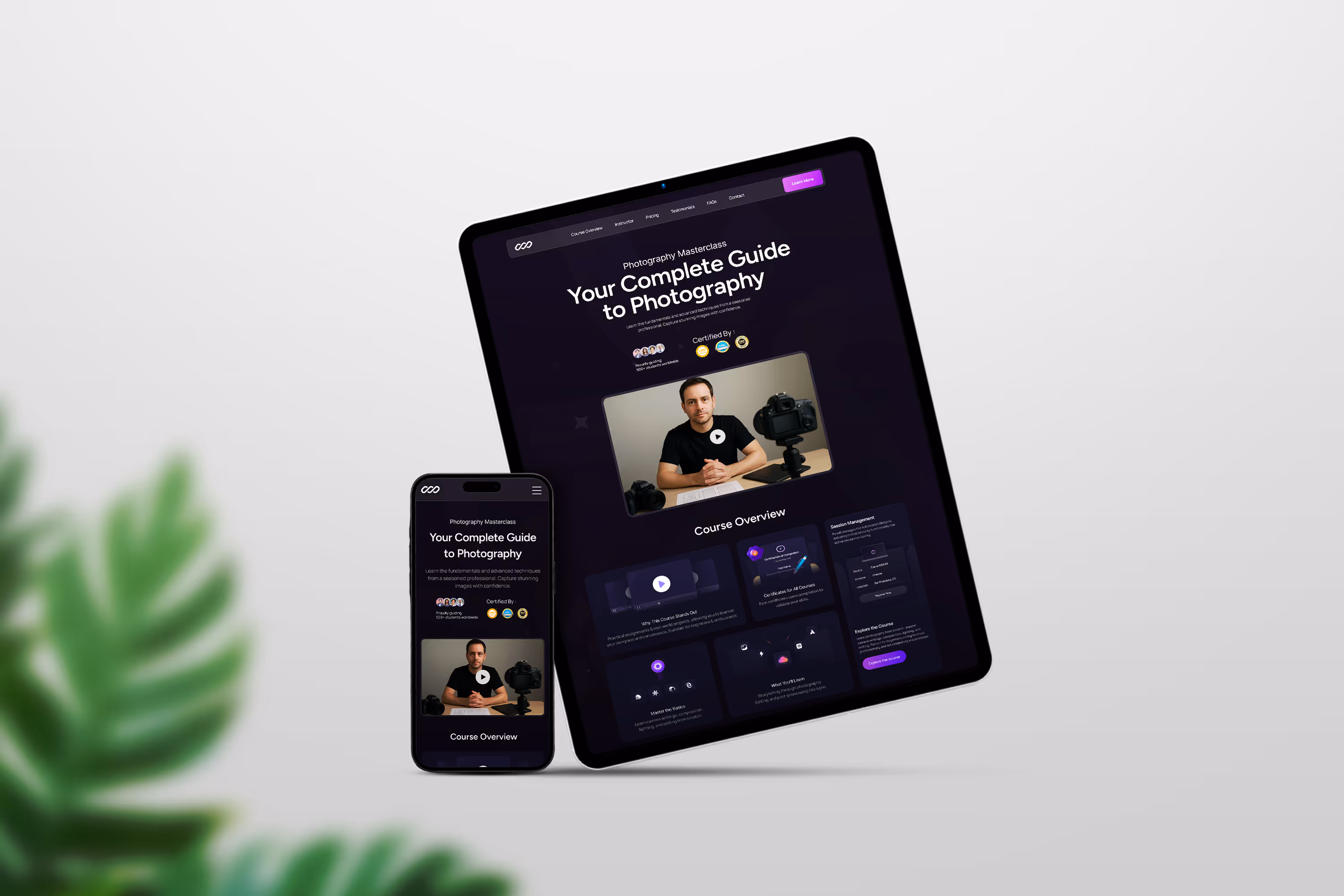 Tablet and smartphone mockups showcasing a responsive online photography course website, highlighting a video-based curriculum and clean UI design.