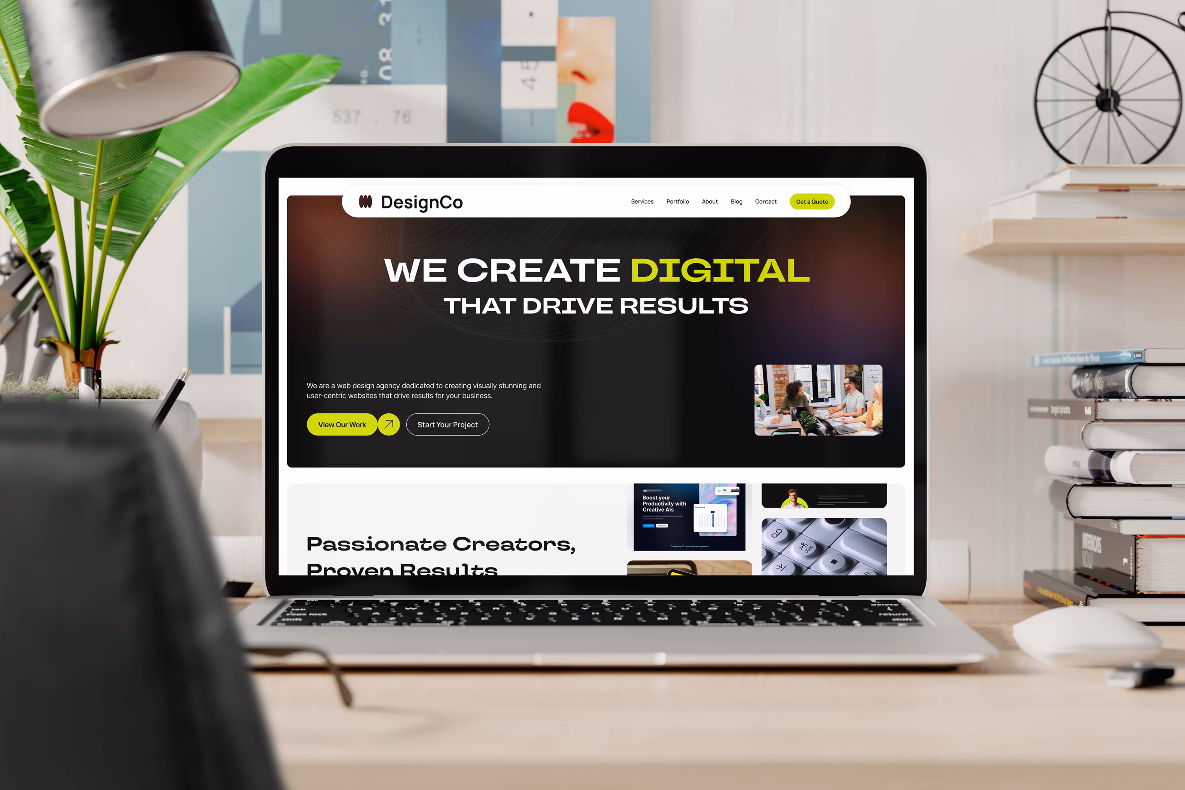 DesignCo agency homepage displayed on a laptop in a clean, light workspace with a notebook, car keys, earphones, and coffee cup, emphasizing creative and professional design.