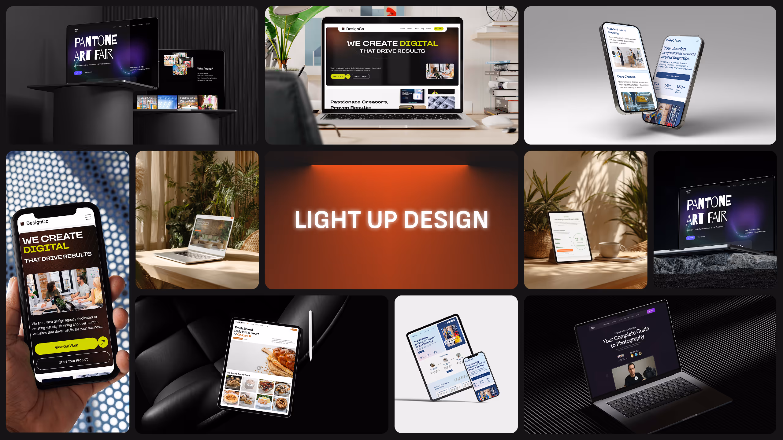 Collage of Light Up Design’s web projects showcasing responsive websites on mobile, tablet, and laptop mockups — including eco-friendly brands, design agencies, online bakeries, cleaning services, and creative portfolios — all arranged in a modern grid layout with a central glowing “Light Up Design” title.