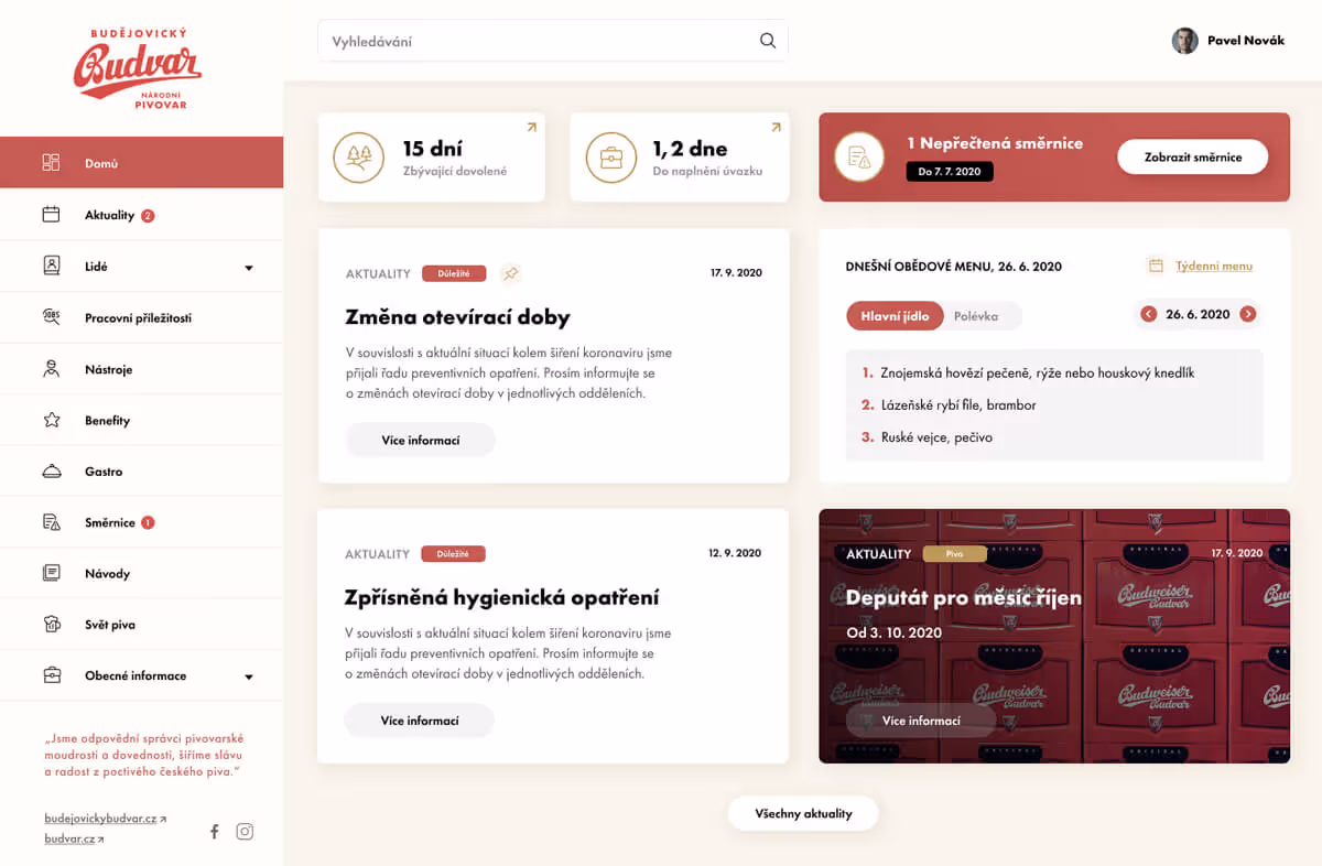 Homescreen of Budvar intranet