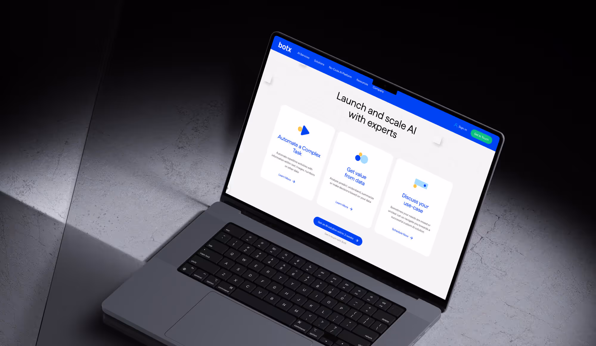Mockup of homepage design for Botx company