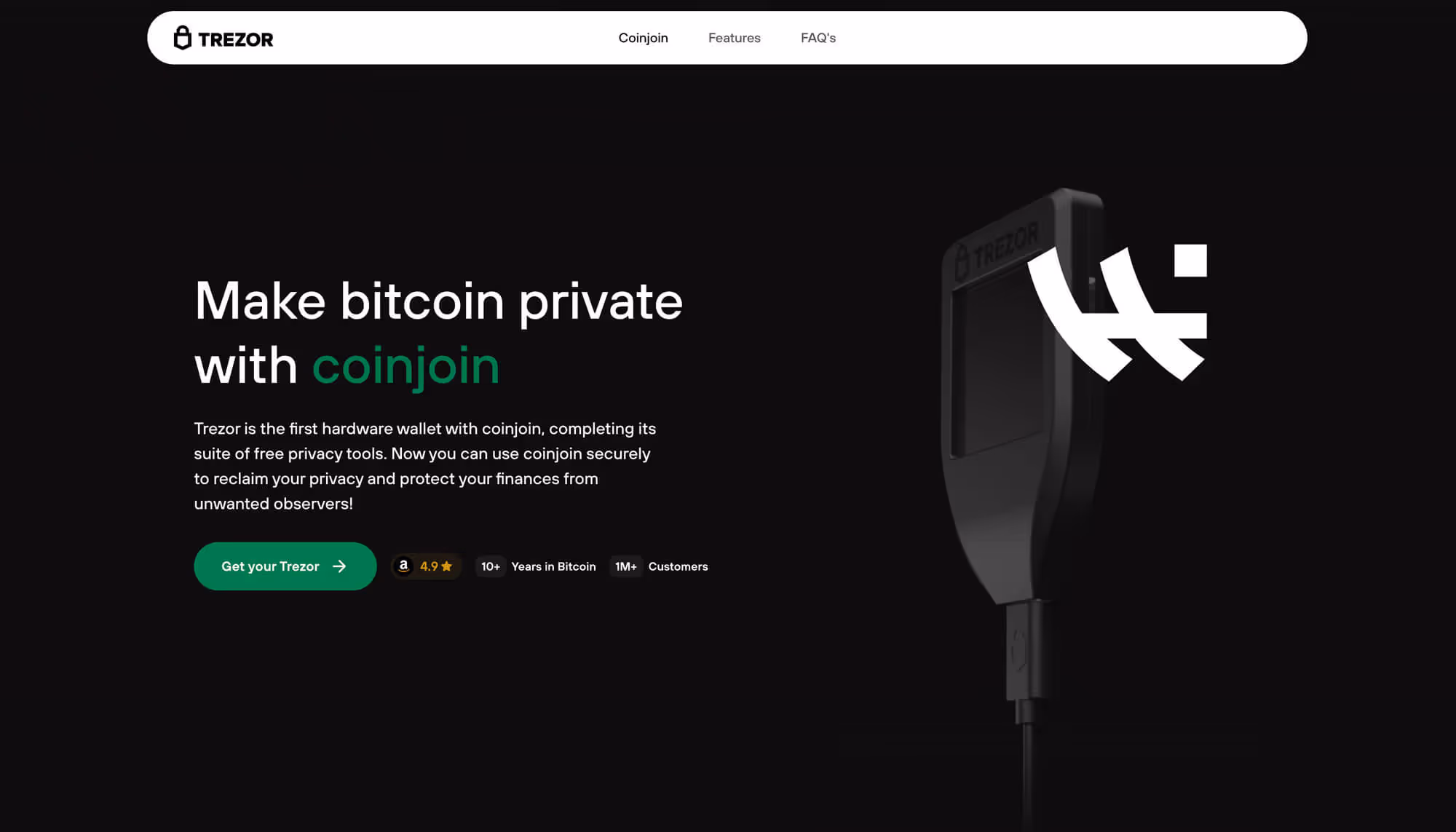 Website hero image with Trezor Device and Animation