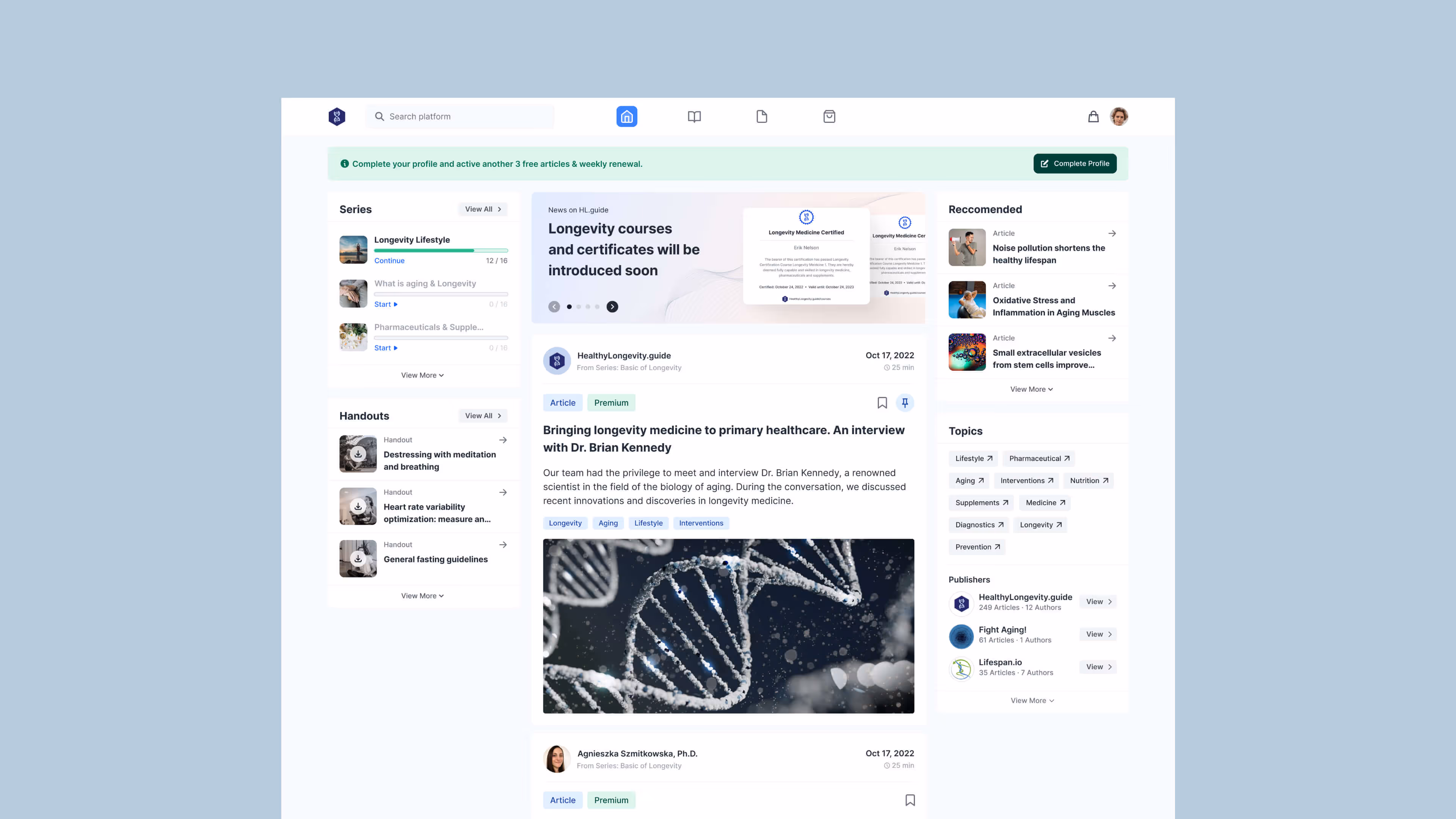 Longevity web app screen – Homepage
