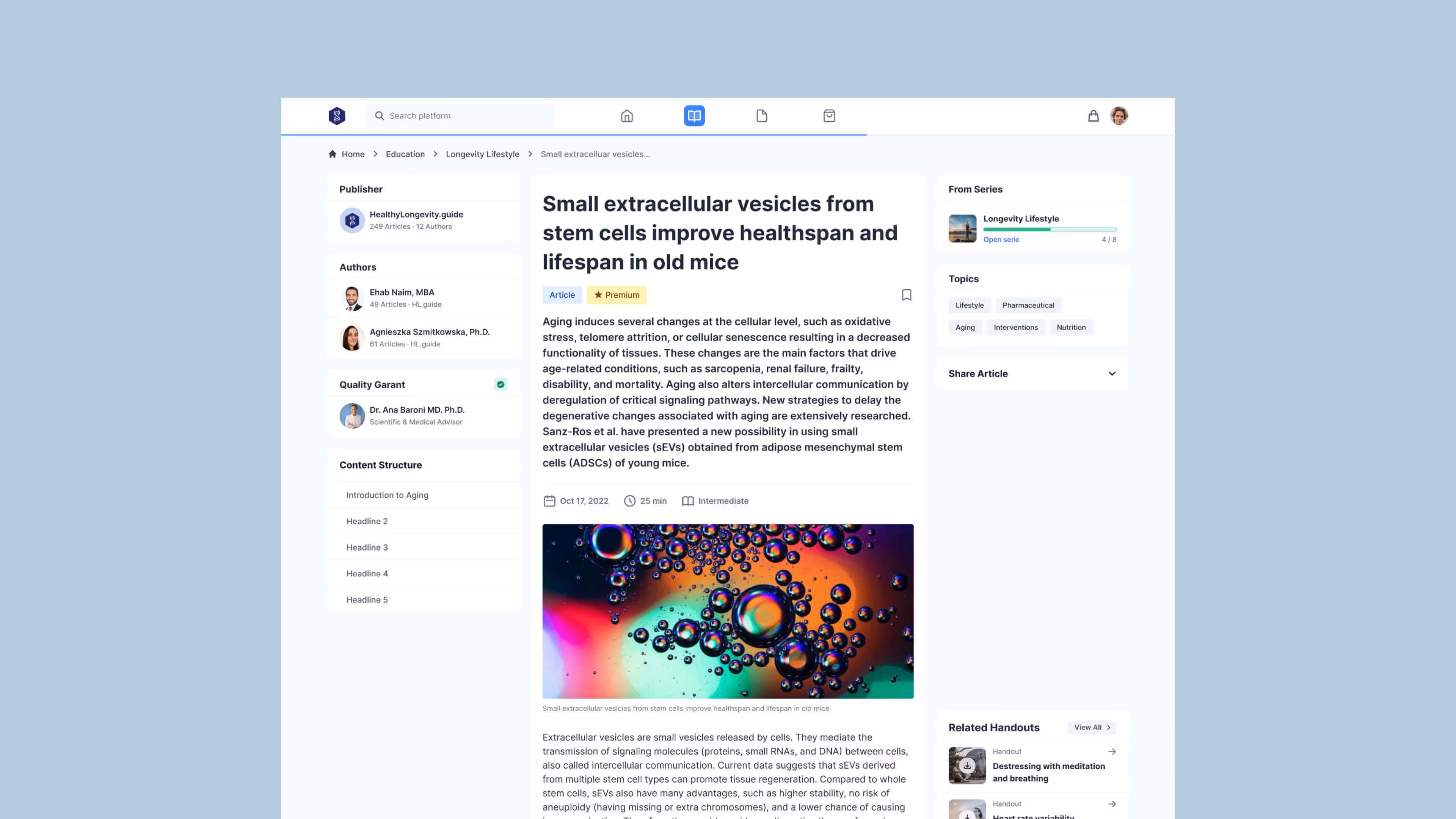 Longevity web app screen – Article Detail