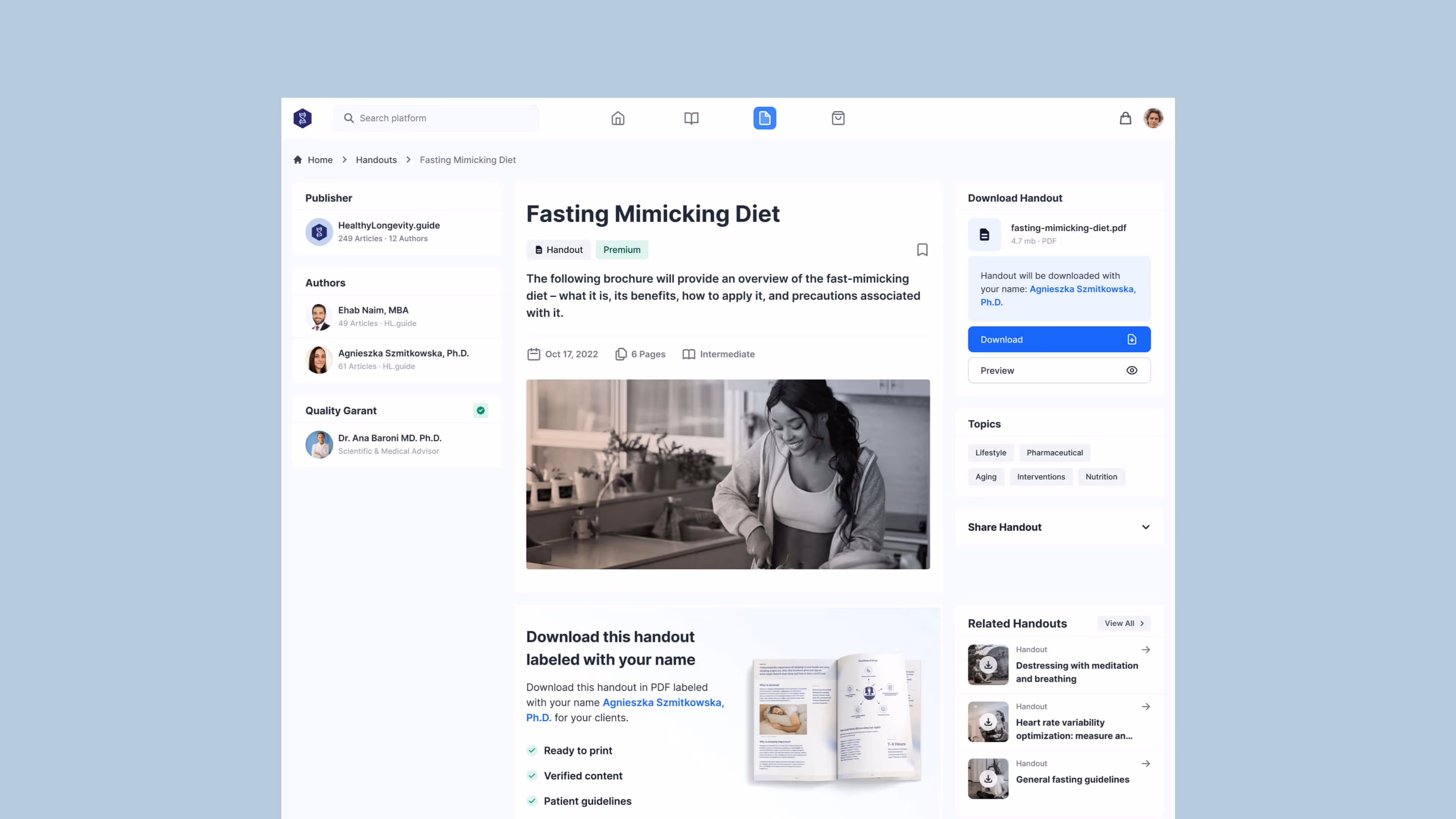 Longevity web app screen – Handout detail