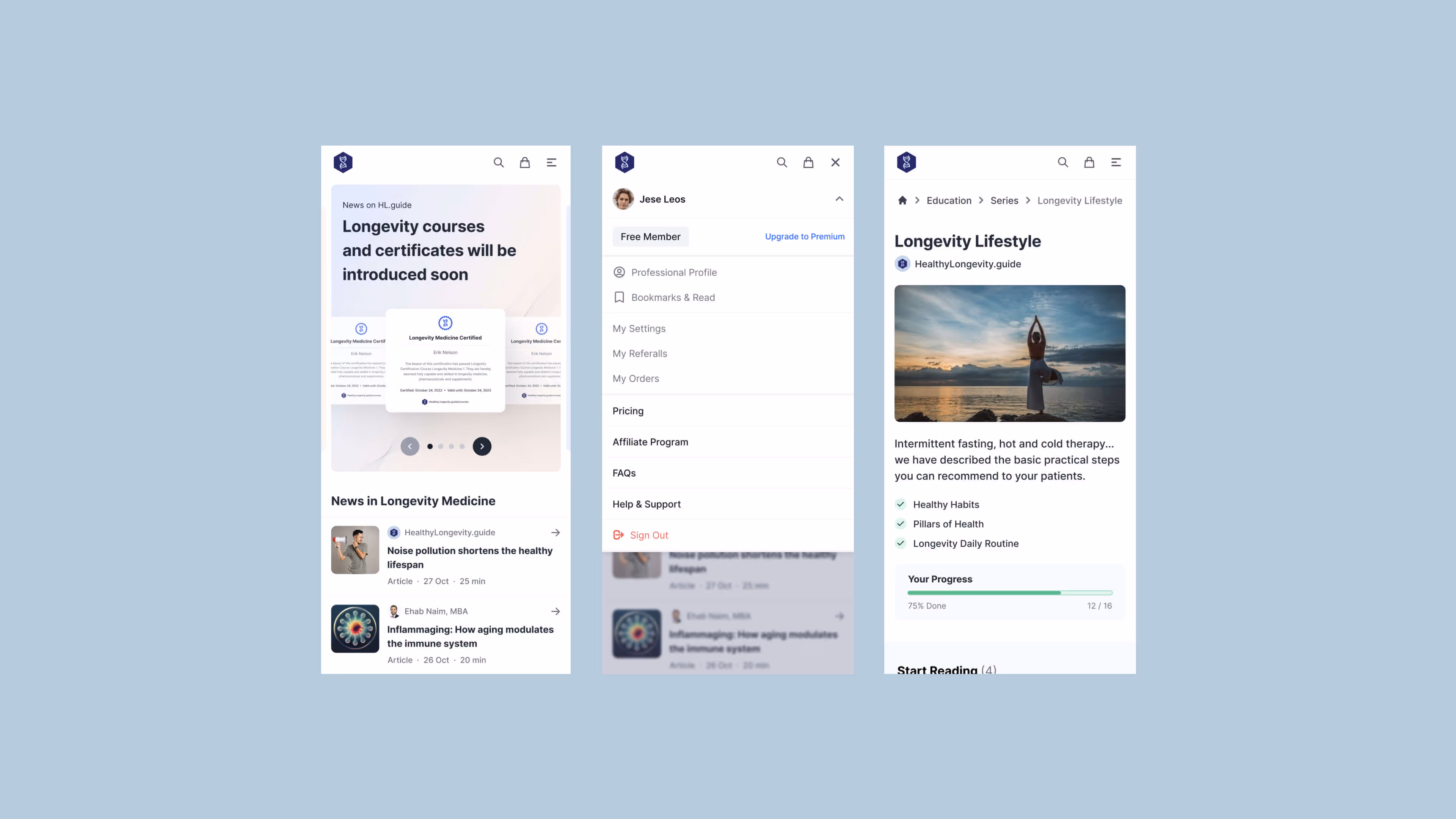 Longevity web app screen mobile – homepage and menu