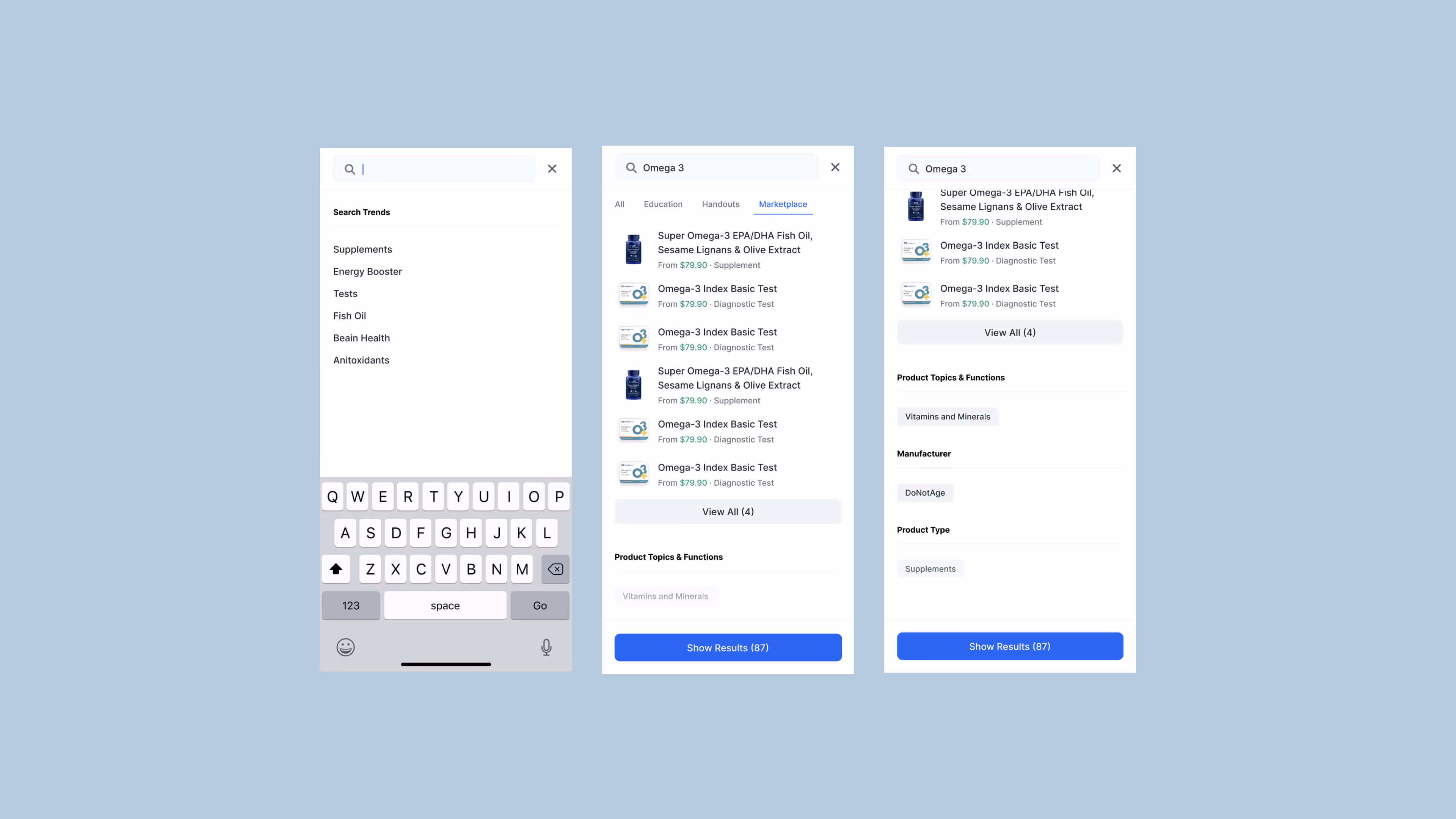 Longevity web app screen mobile – marketplace filtering