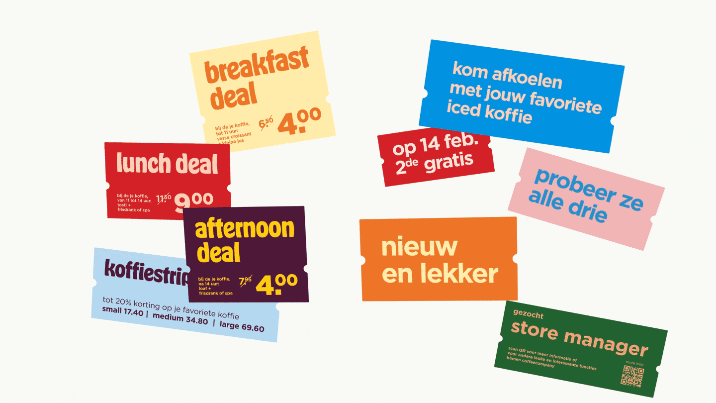 An animation of colourful coffee company stickers on a white background 