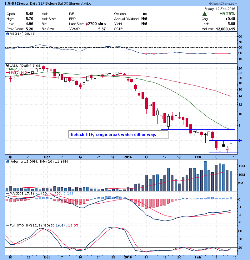 LABU Biotech ETF, range break watch either way. 