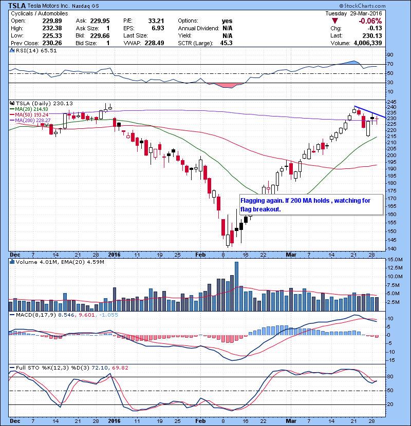 TSLA Flagging again. If 200 MA holds , watching for flag breakout.