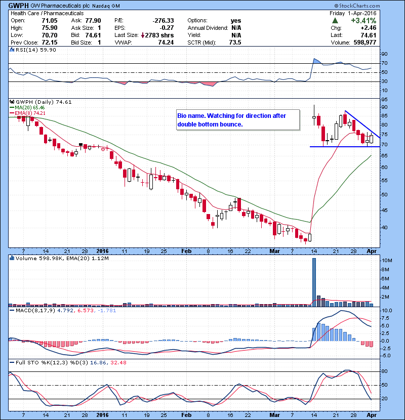 GWPH Bio name. Watching for direction after double bottom bounce.