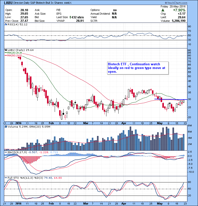 LABU Biotech ETF , Continuation watch ideally on red to green type move at open.