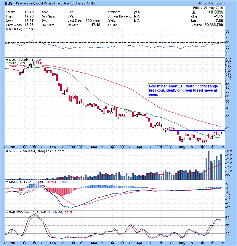 DUST Gold miner short ETF, watching for range breakout, ideally on green to red move at open. 