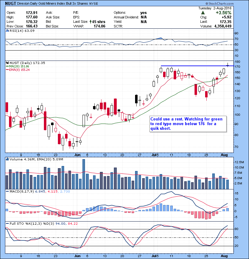 NUGT Could use a rest. Watching for green to red type move below 176 for a quick short.
