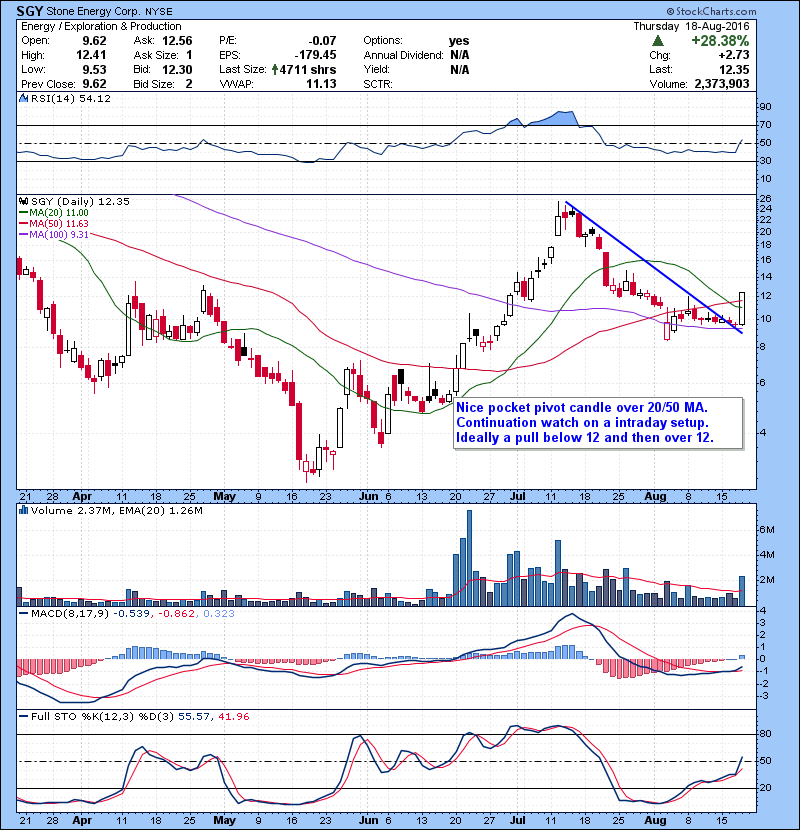 SGY Nice pocket pivot candle over 20/50 MA. Continuation watch on a intraday setup. Ideally a pull below 12 and then over 12. 