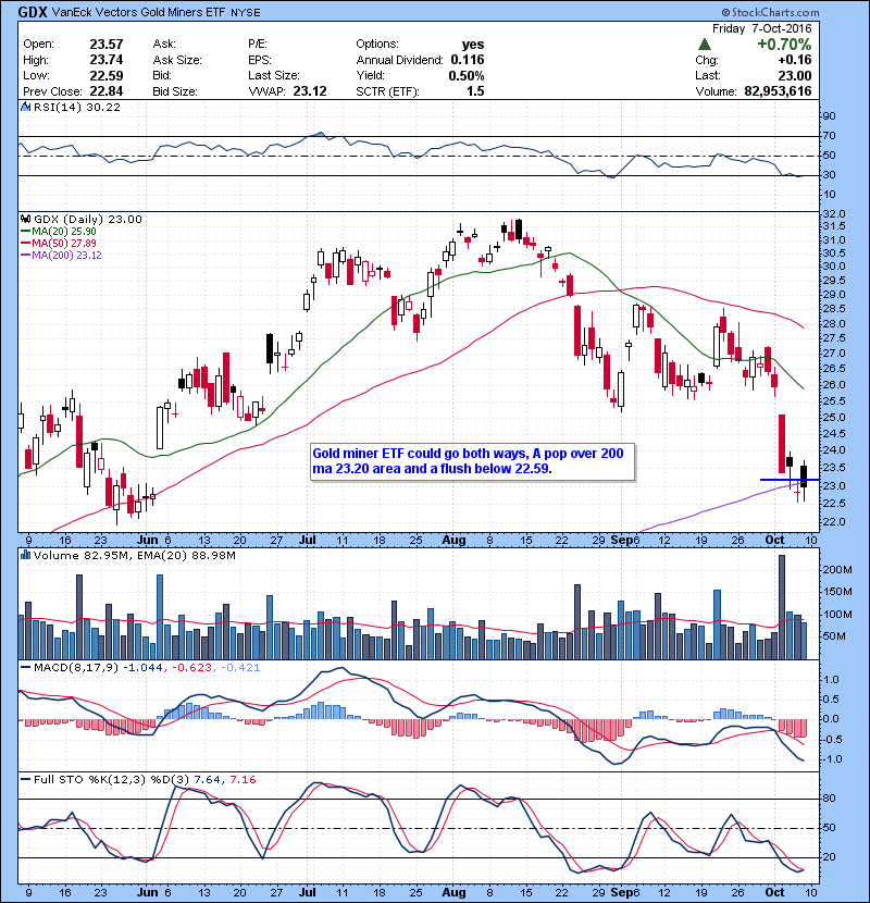 GDX Gold miner ETF could go both ways, A pop over 200 ma 23.20 area and a flush below 22.59.