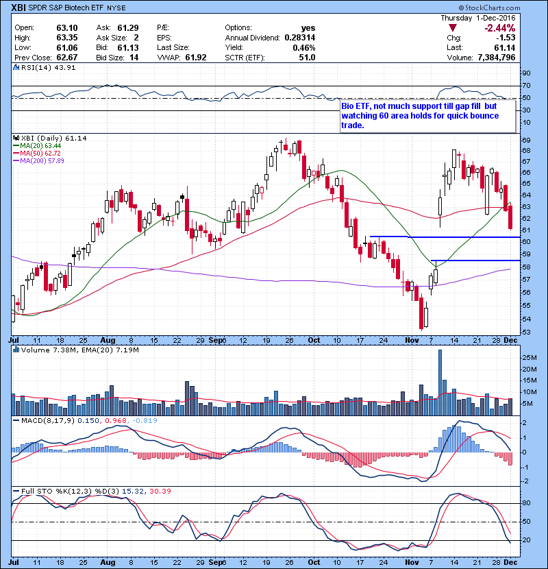 XBI Bio ETF, not much support till gap fill but watching 60 area holds for quick bounce trade.