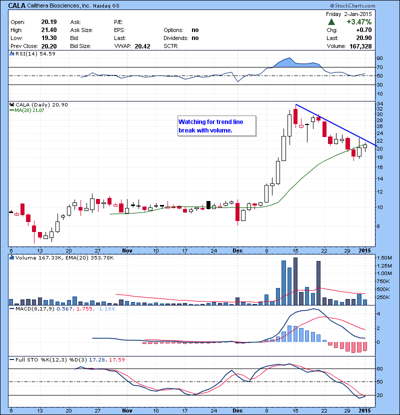CALA Watching for trend line break with volume.