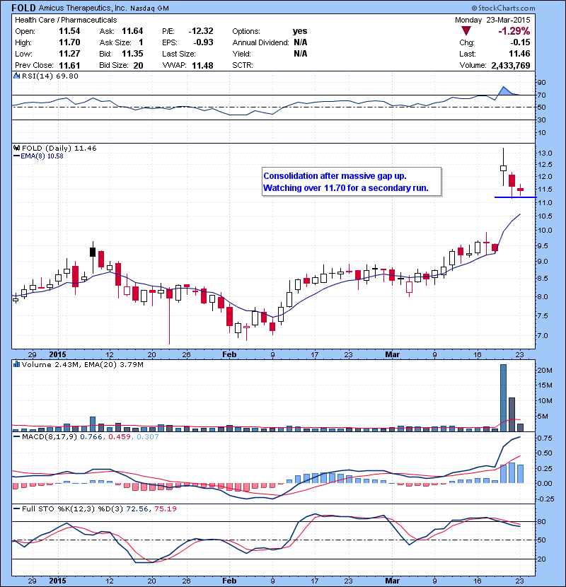 FOLD Consolidation after massive gap up. Watching over 11.70 for a secondary run. 