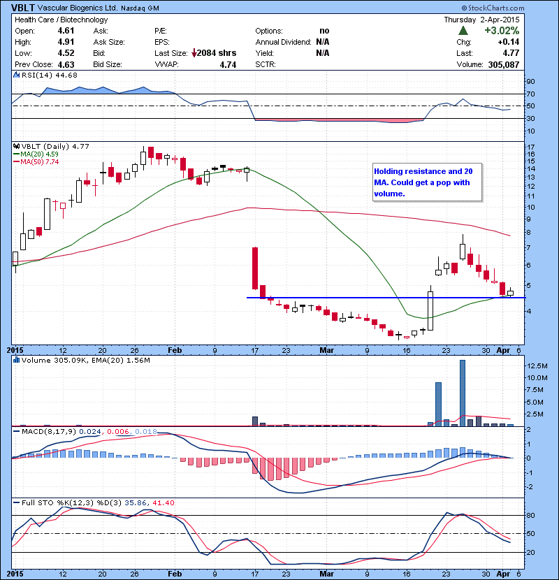 VBLT Holding resistance and 20 MA. Could get a pop with volume.