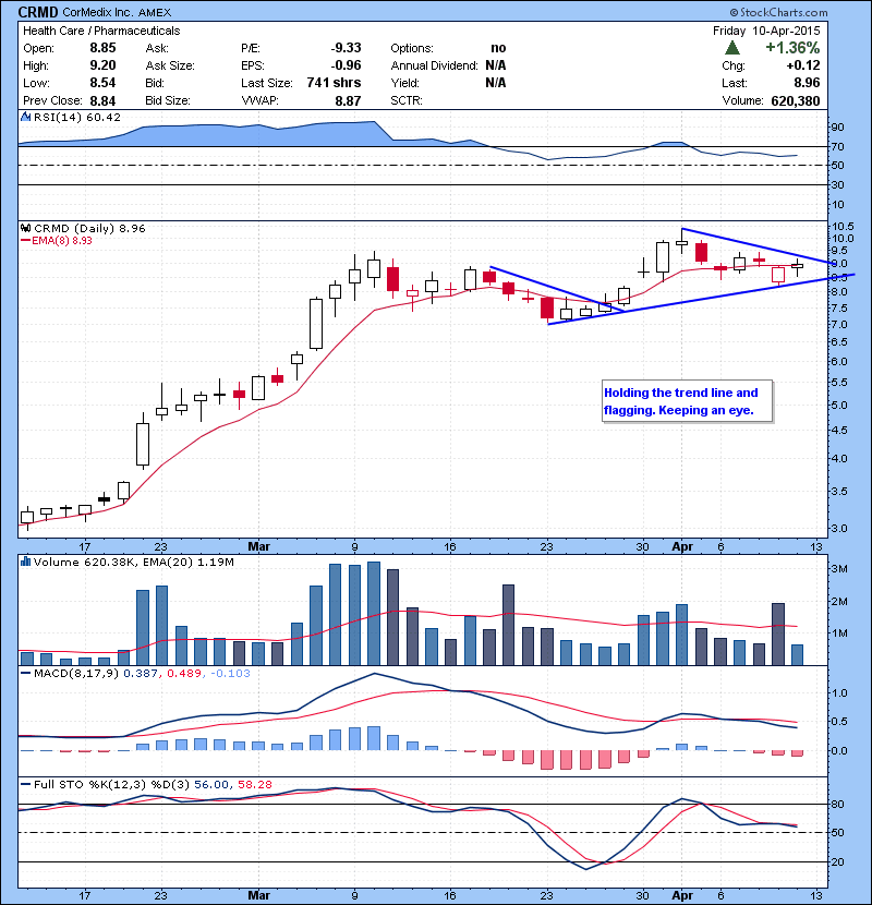 CRMD Holding the trend line and flagging. Keeping an eye.