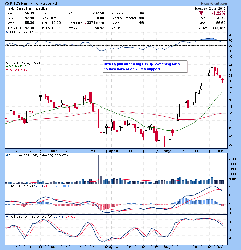 ZSPH Orderly pull after a big run up. Watching for a bounce here or on 20 MA support.
