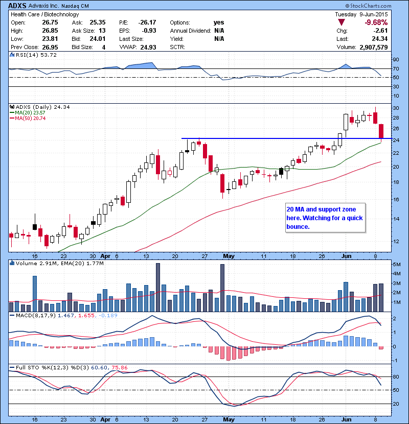 ADXS 20 MA and support zone here. Watching for a quick bounce.
