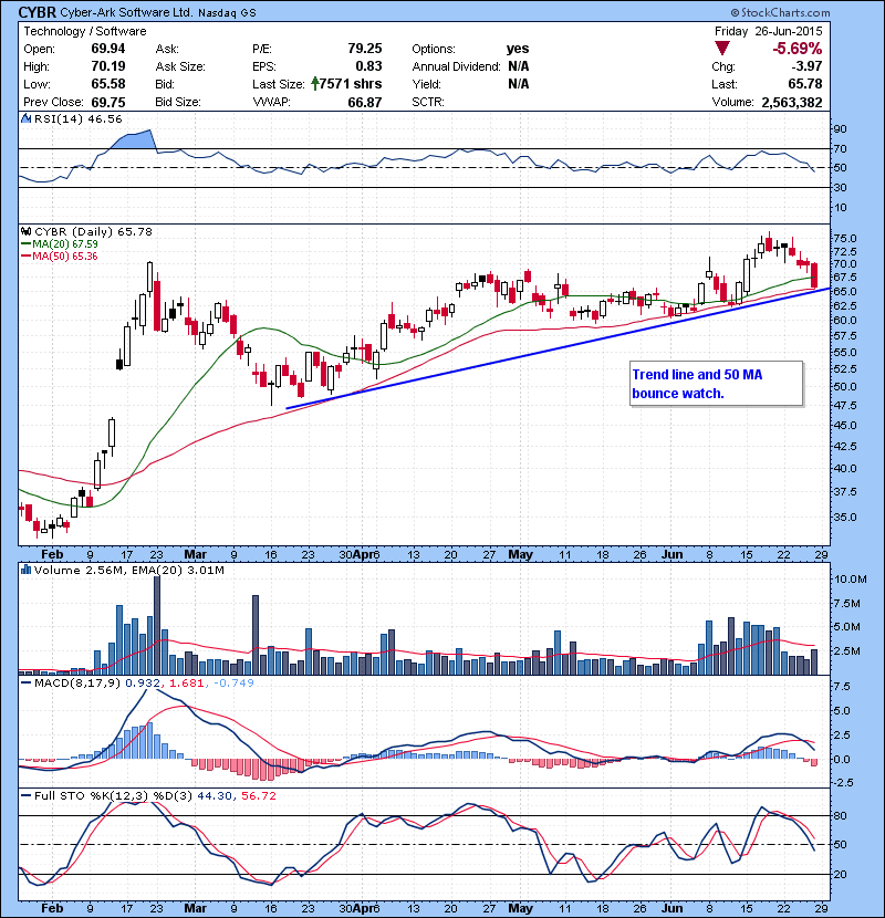 CYBR Trend line and 50 MA bounce watch.