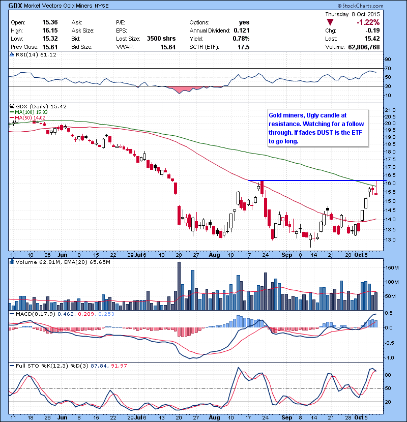 GDX Gold miners, Ugly candle at resistance. Watching for a follow through. If fades DUST is the ETF to go long.