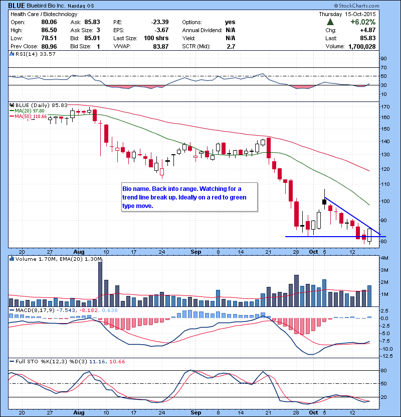 BLUE Bio name. Back into range. Watching for a trend line break up. Ideally on a red to green type move.