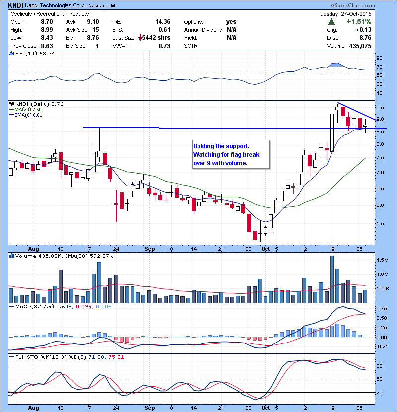 KNDI Holding the support. Watching for flag break over 9 with volume.