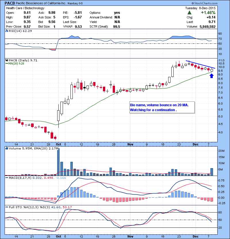 PACB Bio name, volume bounce on 20 MA. Watching for a continuation .