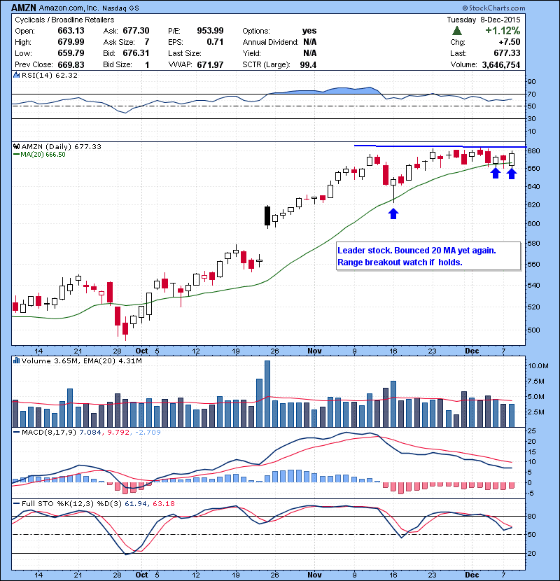 AMZN Leader stock. Bounced 20 MA yet again. Range breakout watch if market holds.