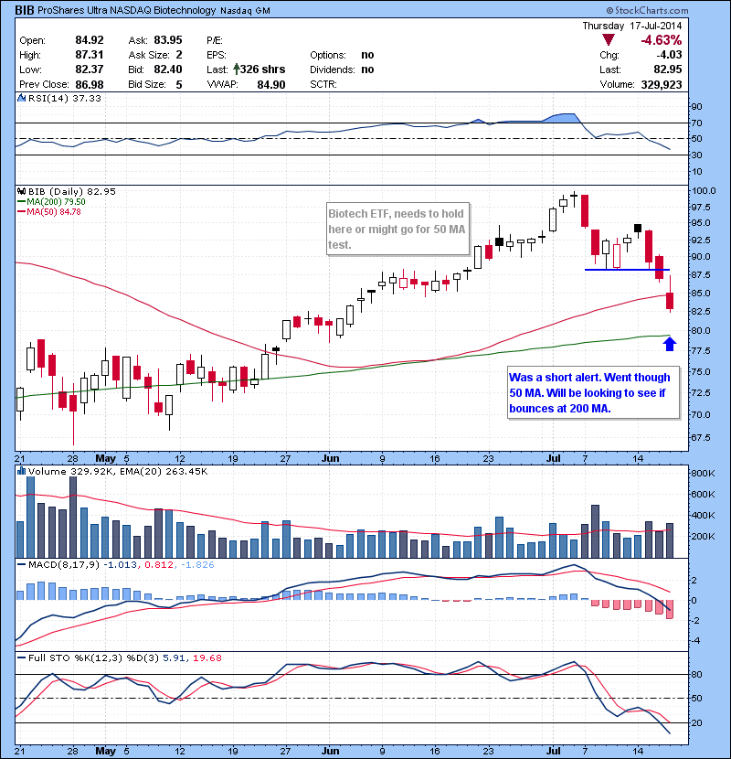 BIB Was a short alert. Went though 50 MA. Will be looking to see if bounces at 200 MA.