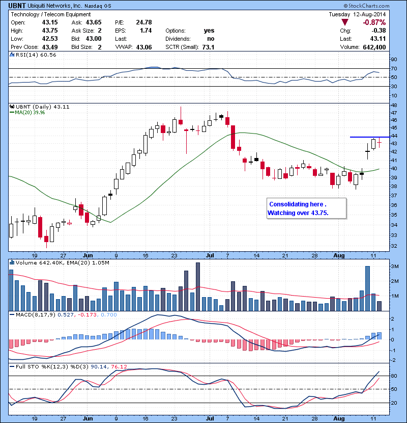 UBNT Consolidating here . Watching over 43.75.