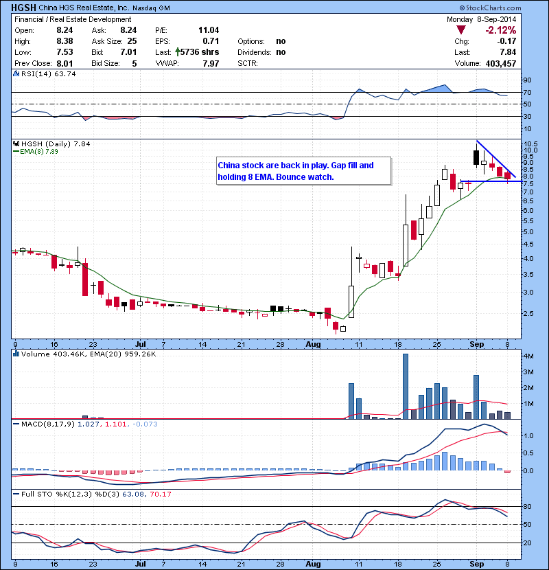 HGSH China stock are back in play. Gap fill and holding 8 EMA. Bounce watch.