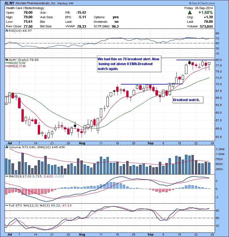 ALNY We had this on 70 breakout alert. Now  basing out above 8 EMA.Breakout watch again.