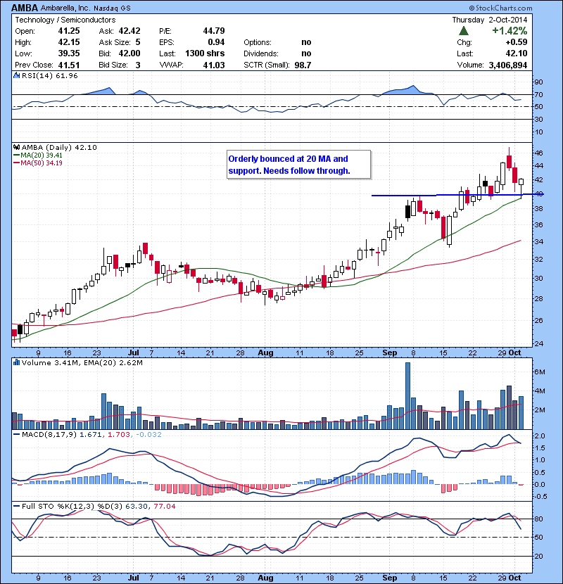 AMBA Orderly bounce at 20 MA and support. Needs follow through.