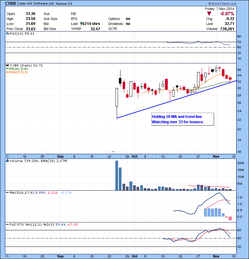 CYBR  Holding 20 MA and trend line Watching over 33 for bounce.