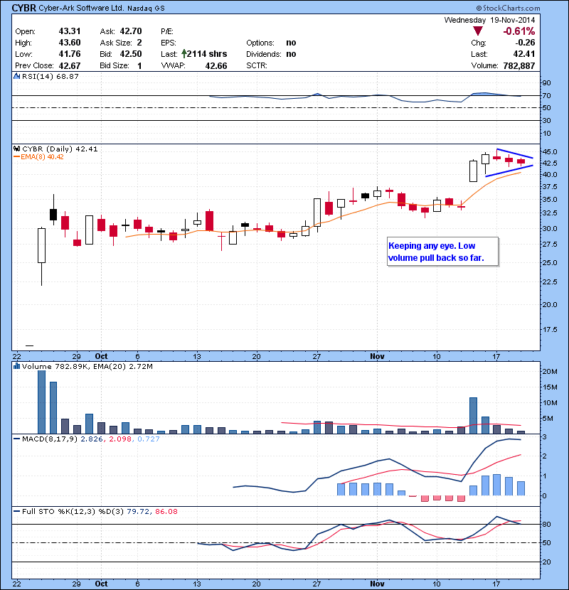 CYBR Keeping any eye. Low volume pull back so far.
