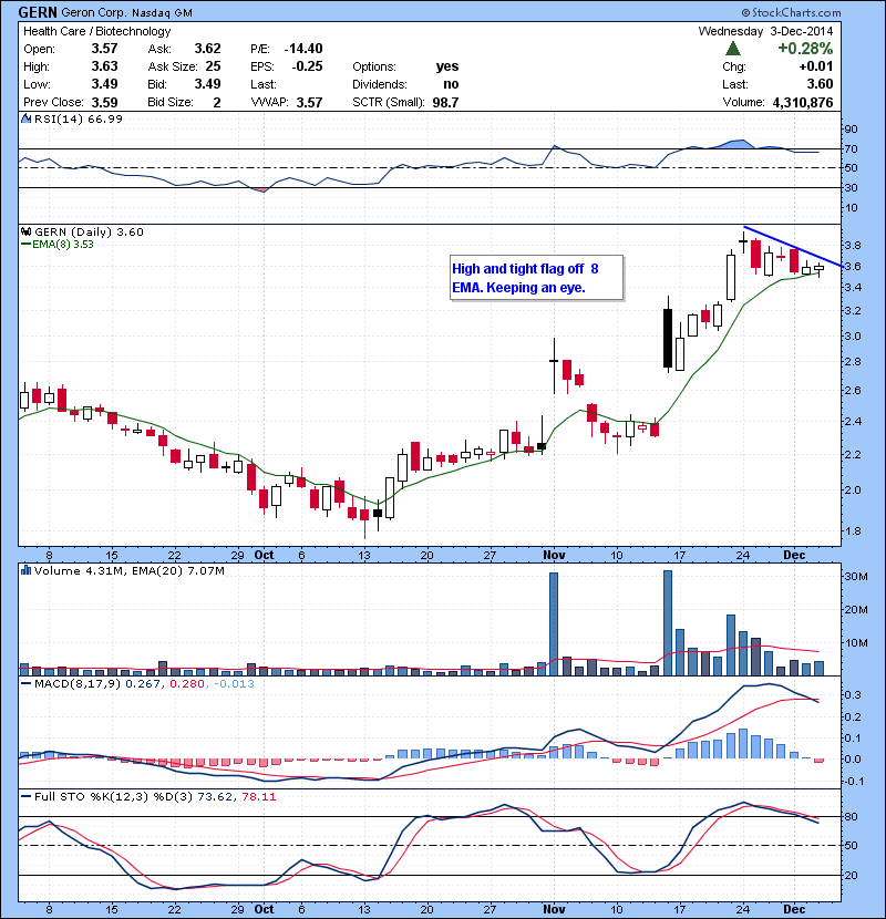 GERN High and tight flag off 8 EMA. Keeping an eye.