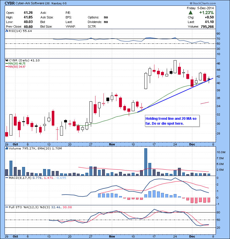 CYBR Holding trend line and 20 MA so far. Do or die spot here.