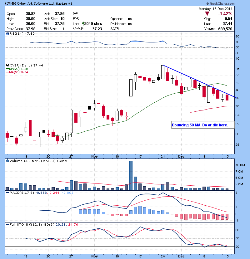 CYBR Bouncing 50 MA. Do or die here.