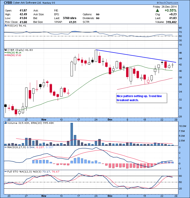 CYBR Nice pattern setting up. Trend line breakout watch.