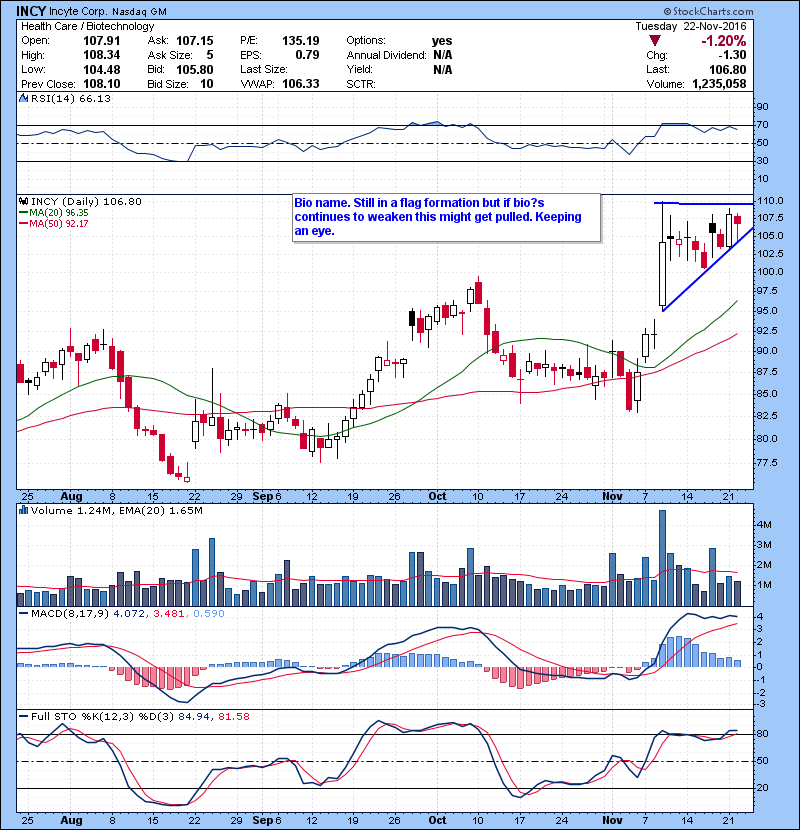 INCY Bio name. Still in a flag formation but if bio’s continues to weaken this might get pulled. Keeping an eye.