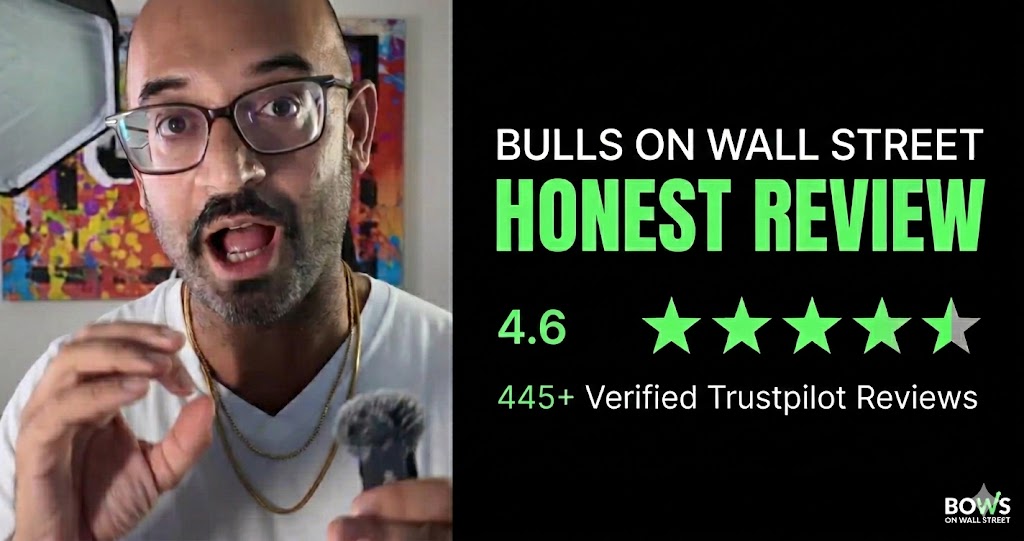 Bulls on Wall Street review showing Trustpilot rating and student testimonials from the 60-Day Trading Bootcamp